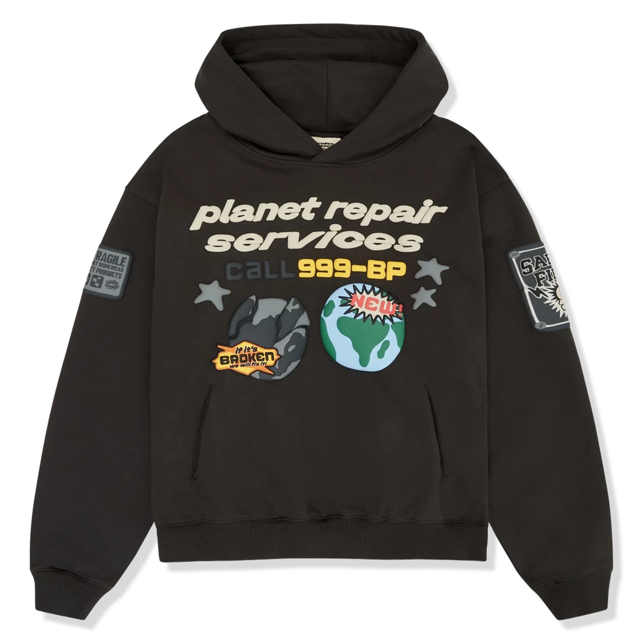 Front view of Broken Planet Repair Services Soot Black Hoodie